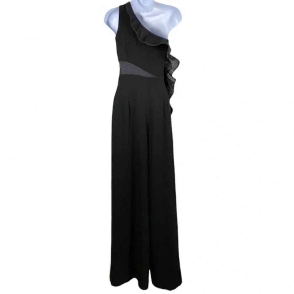 JONATHAN SIMKHAI One Shoulder Ruffle Diamond Mesh Jumpsuit
